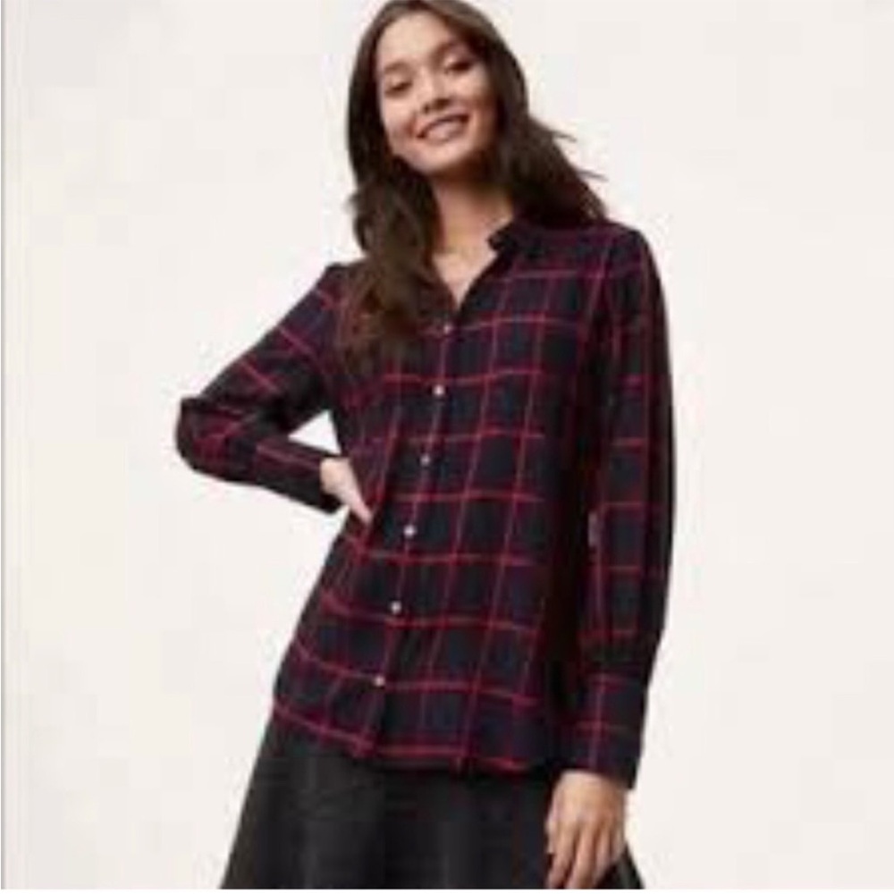 LOFT Navy and Red Plaid Windowpane Shirt | Size S